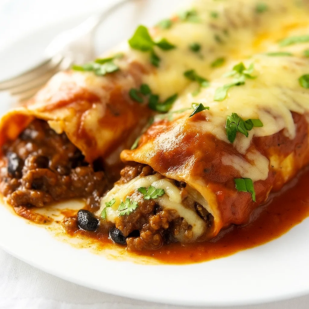 Freshly baked beef enchiladas with melted cheese in a ceramic dish