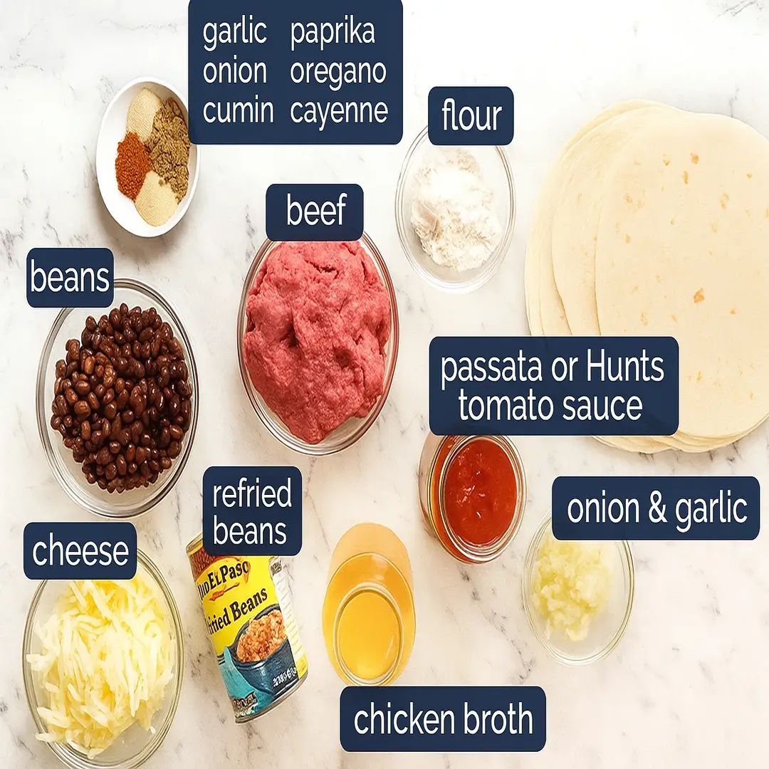 beef enchiladas Beef enchilada ingredients laid out on kitchen counter