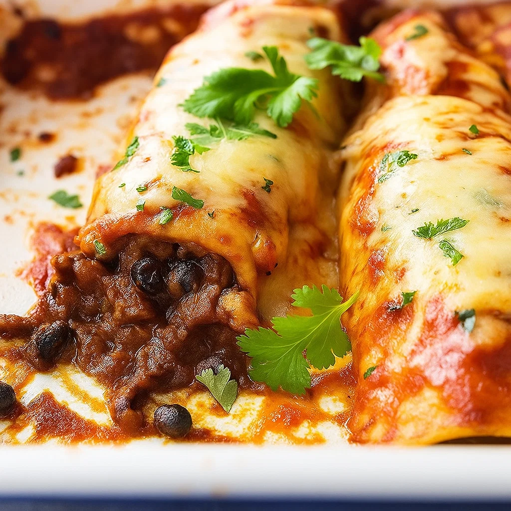 beef enchiladas Freshly baked beef enchiladas with melted cheese in a ceramic dish