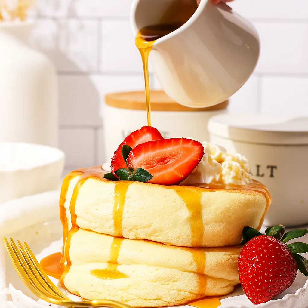 fluffy Japanese soufflé pancakes Fluffy Japanese soufflé pancakes stacked high with whipped cream and berries