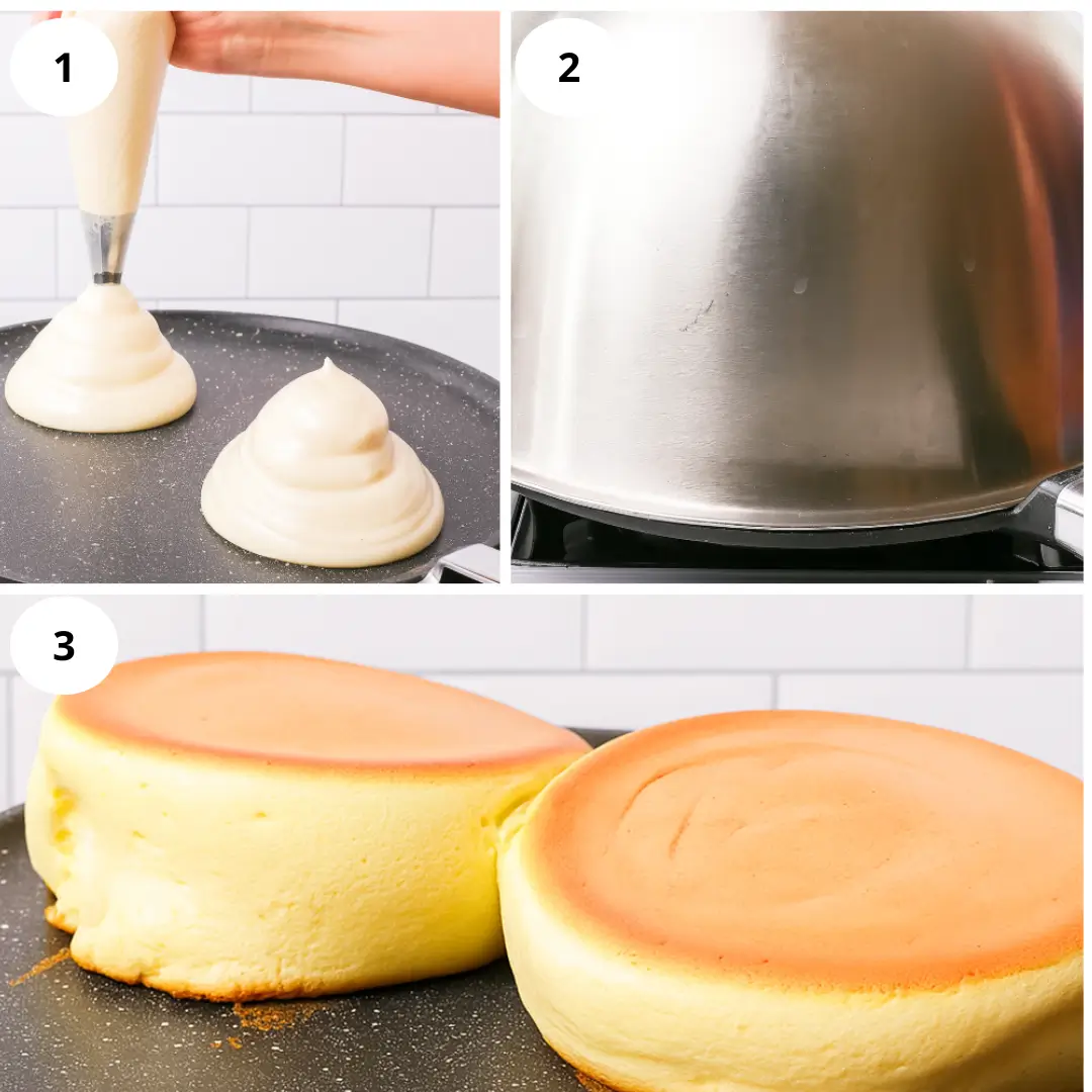 fluffy Japanese soufflé pancakes Soufflé pancakes cooking in a covered pan with golden bottoms