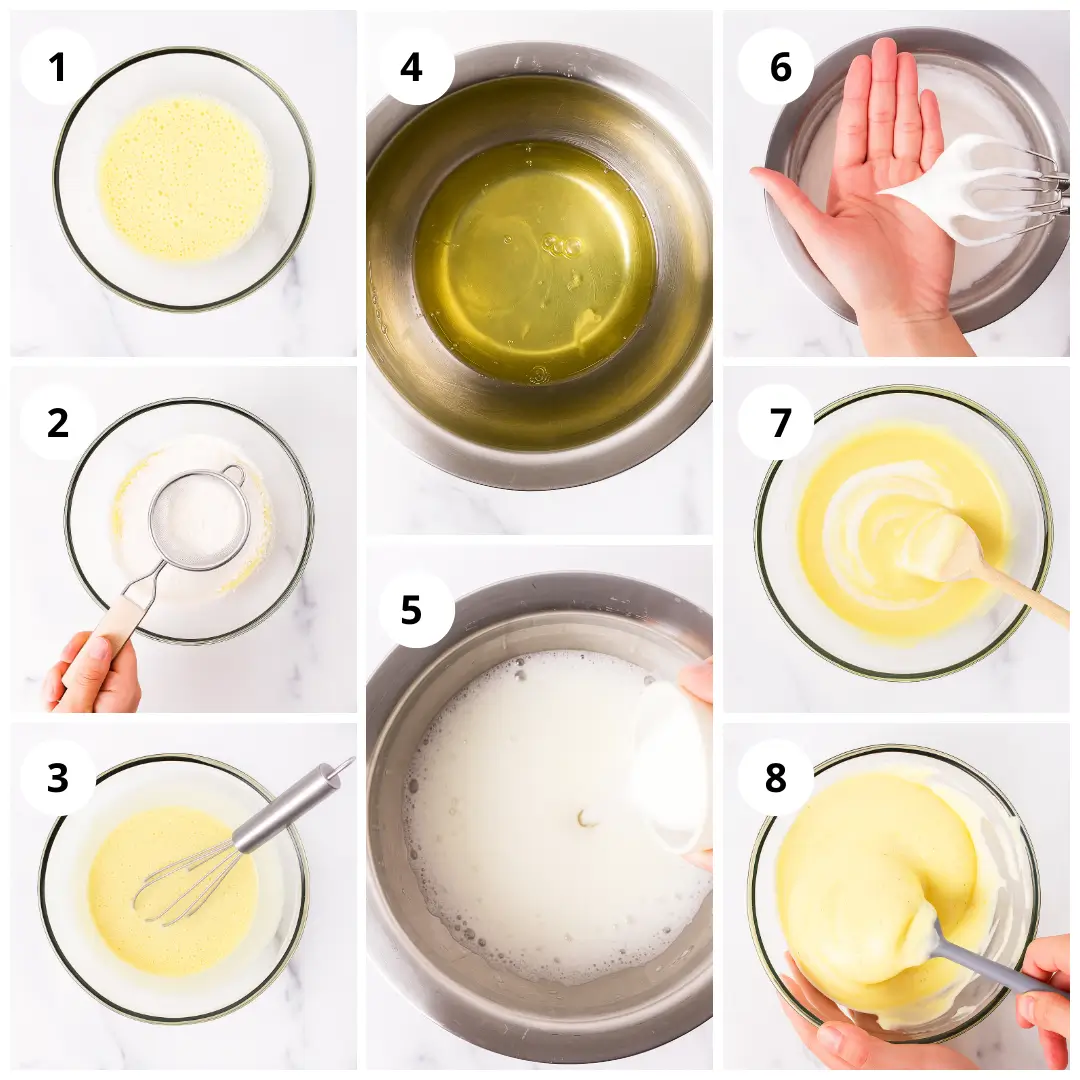 fluffy Japanese soufflé pancakes Folding meringue into egg yolk batter to make fluffy Japanese soufflé pancakes