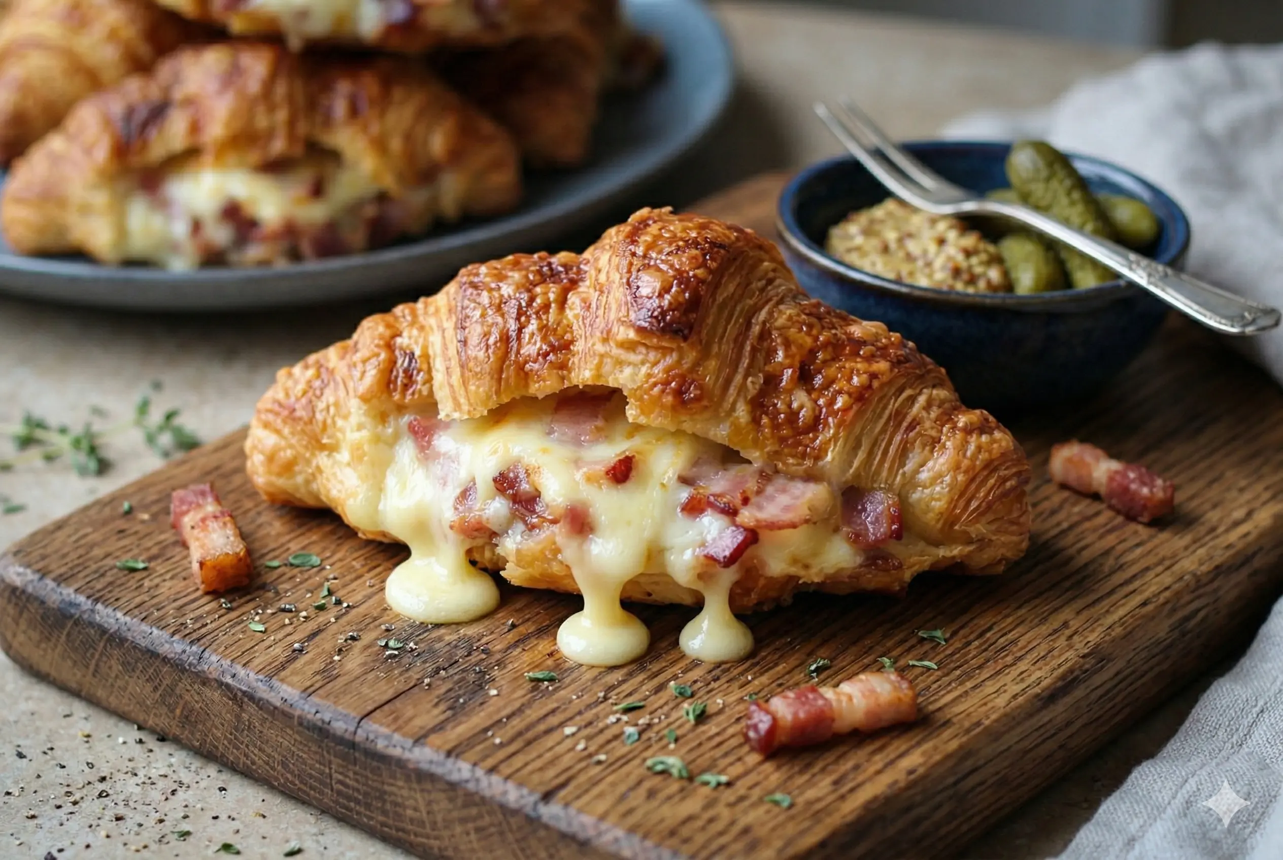 n croissant fraîchement cuit, ouvert pour révéler une garniture généreuse de lardons fumés et de fromage à Raclette fondu, posé sur une planche en bois rustique.