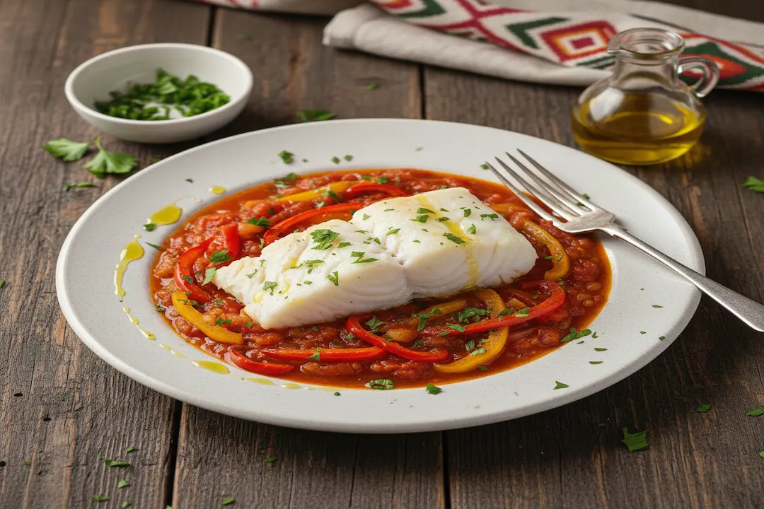 Cabillaud à la Basquaise Plat Final Appétissant Cabillaud à la Basquaise servi dans une assiette blanche, poisson nappé de sauce tomate-poivron, garni de persil.