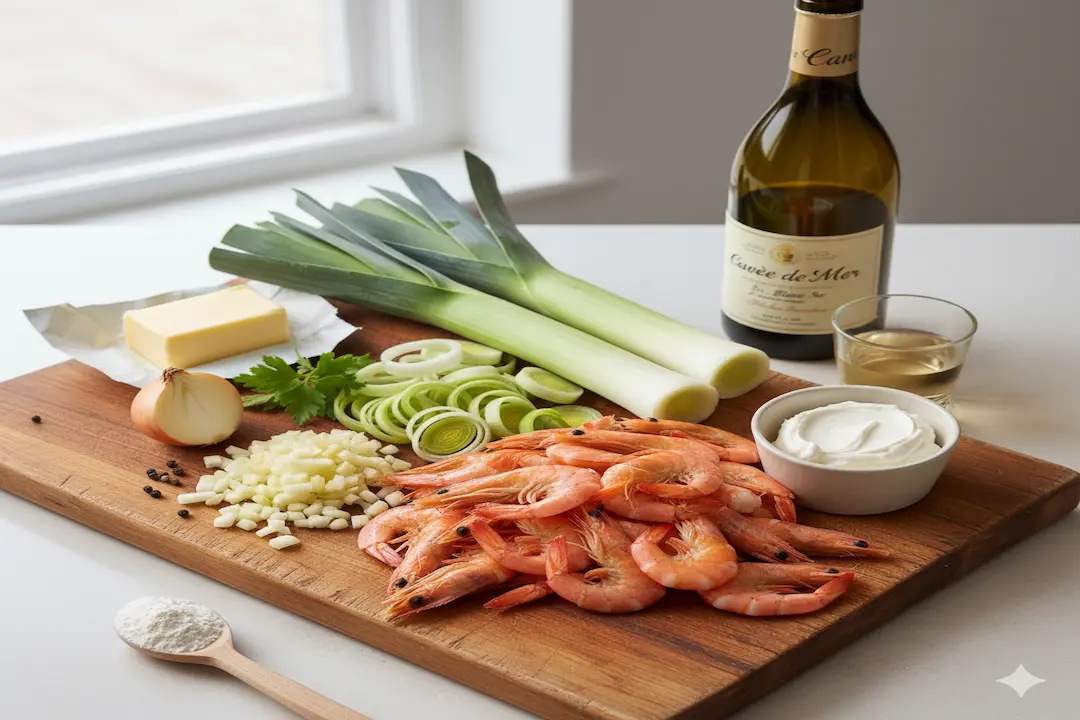 Ingrédients Cassolettes Crevettes Poireaux Ingrédients frais pour cassolettes crevettes poireaux : crevettes roses, poireaux, échalotes, crème, vin blanc, beurre, farine, persil.