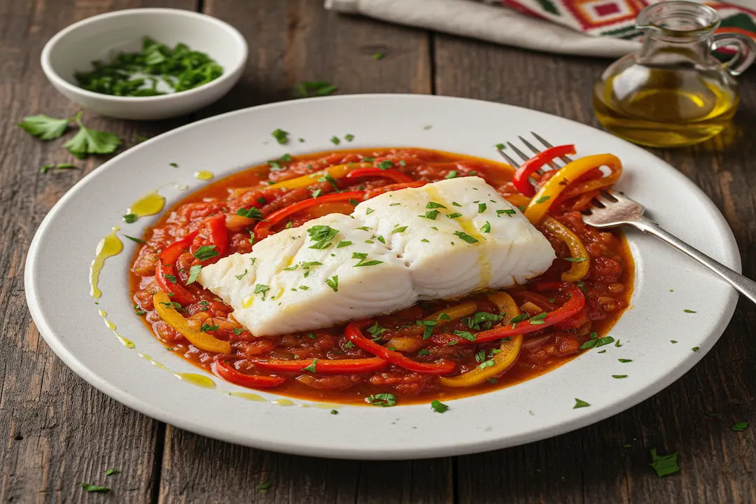 Cabillaud à la Basquaise servi dans une assiette blanche, poisson nappé de sauce tomate-poivron, garni de persil.