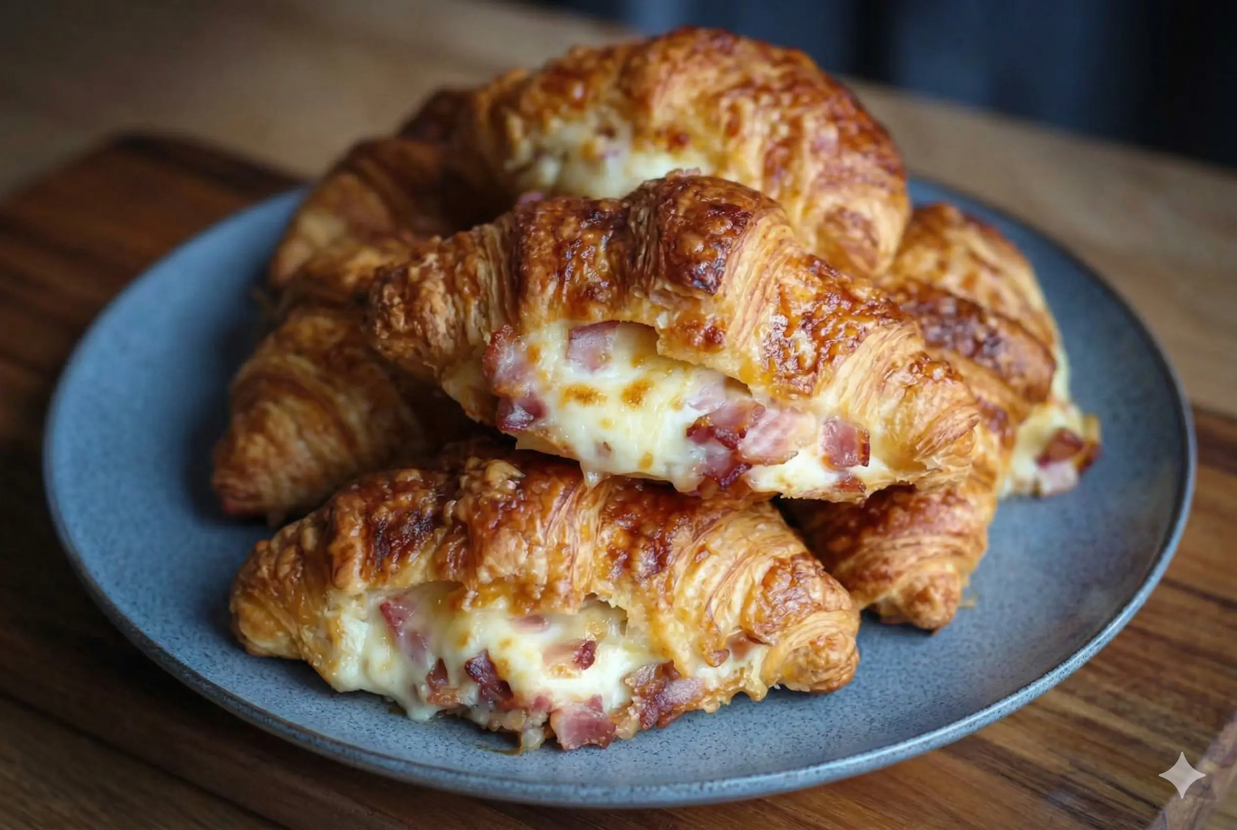n croissant fraîchement cuit, ouvert pour révéler une garniture généreuse de lardons fumés et de fromage à Raclette fondu, posé sur une planche en bois rustique.