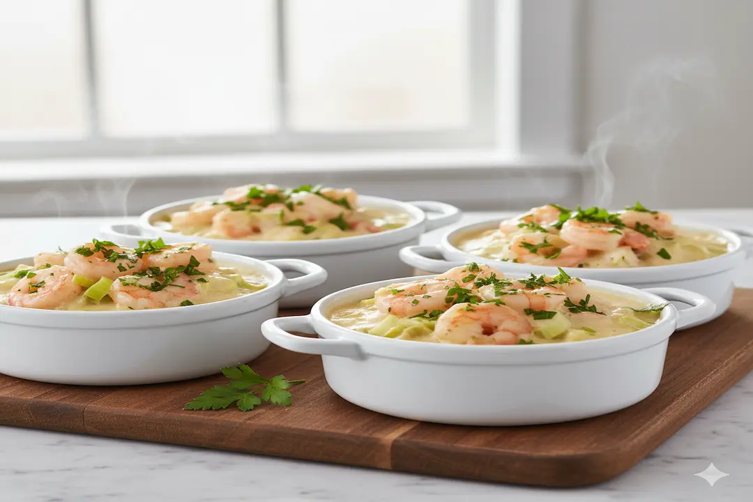 Cassolettes Crevettes Poireaux : Présentation Finale Cassolettes crevettes poireaux crémeuses, persil frais, servies avec pain croustillant et vin blanc.
