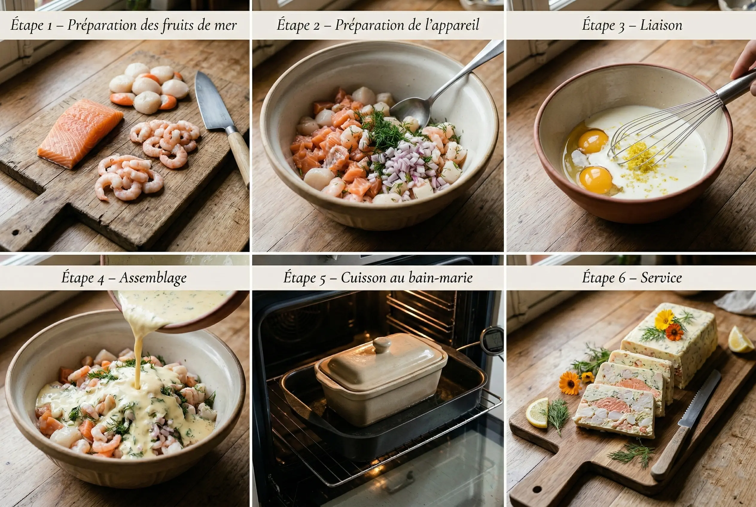 Mélange des fruits de mer avec œufs, crème et citron pour préparation de terrine maison.