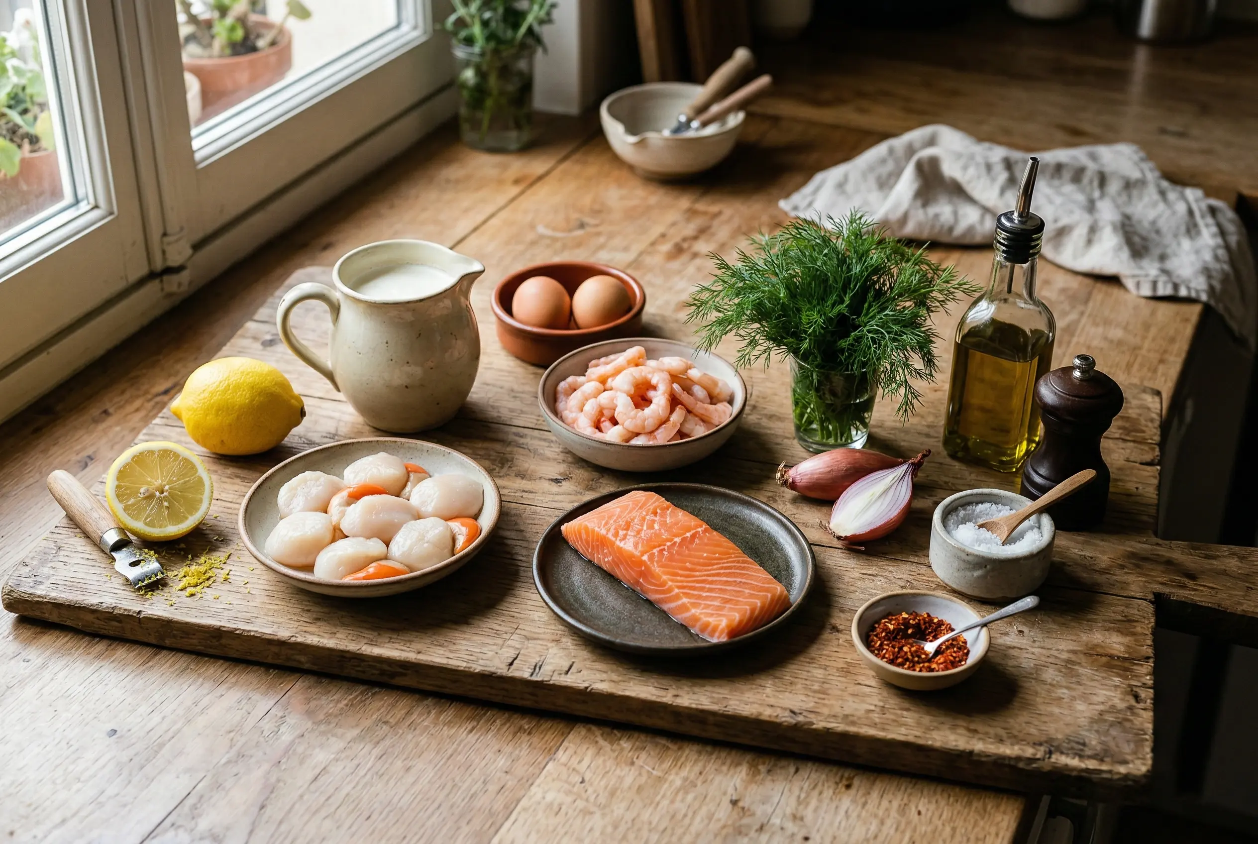 Ingrédients pour terrine de Saint-Jacques, saumon et crevettes disposés sur planche en bois avec citron, aneth et crème fraîche.