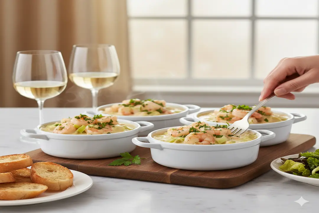 Cassolettes aux Crevettes & Poireaux crémeuses, persil frais, servies avec pain croustillant et vin blanc.