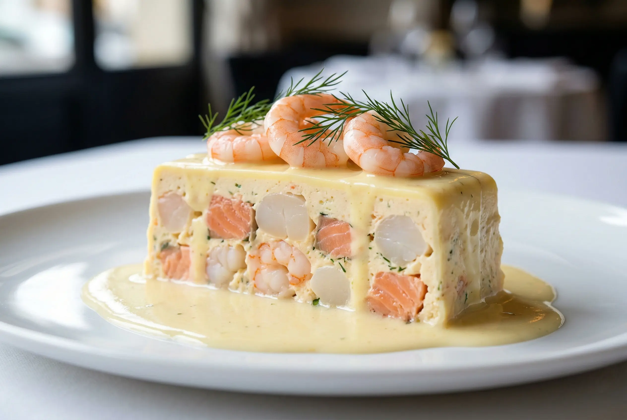Tranche de terrine de Saint-Jacques, saumon et crevettes nappée de sauce citronnée avec aneth frais.