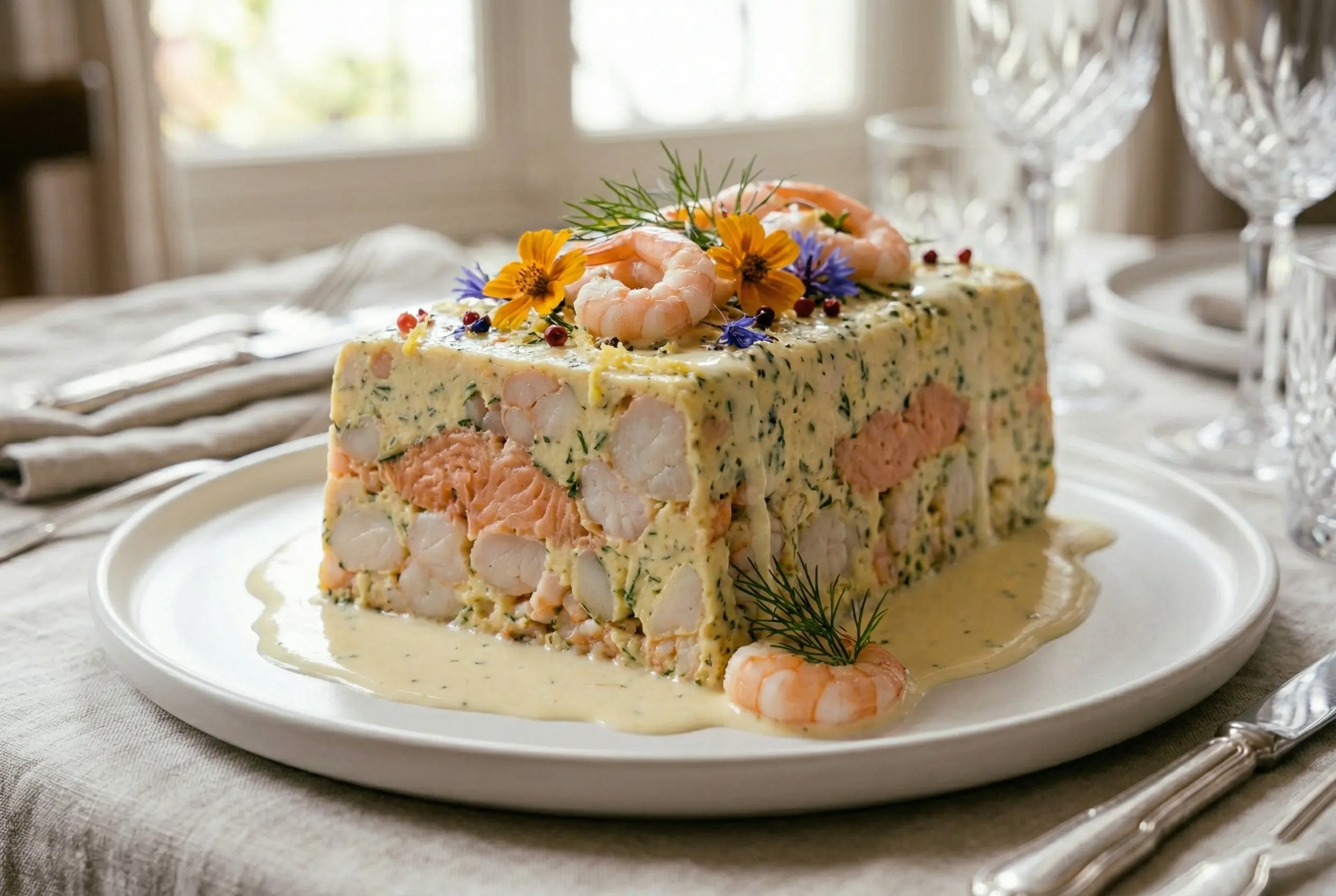 Tranche de terrine de Saint-Jacques, saumon et crevettes nappée de sauce citronnée avec aneth frais.