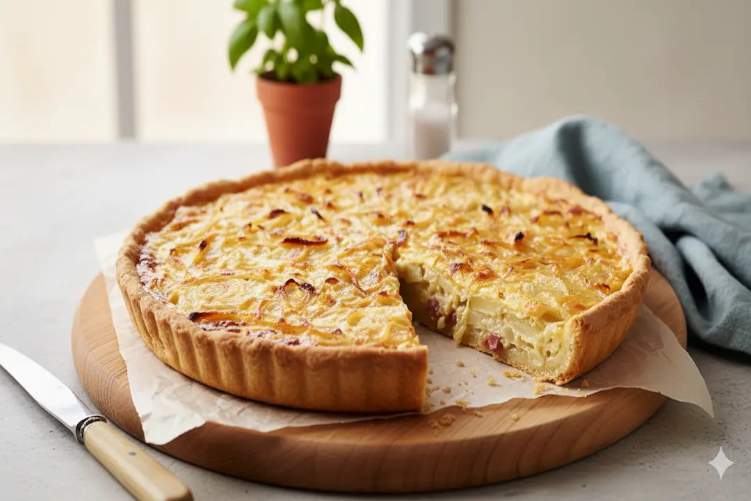 Résultat final de la Tarte à l’Oignon et au Reblochon démoulée, dorée et fondante sur un plat de service.