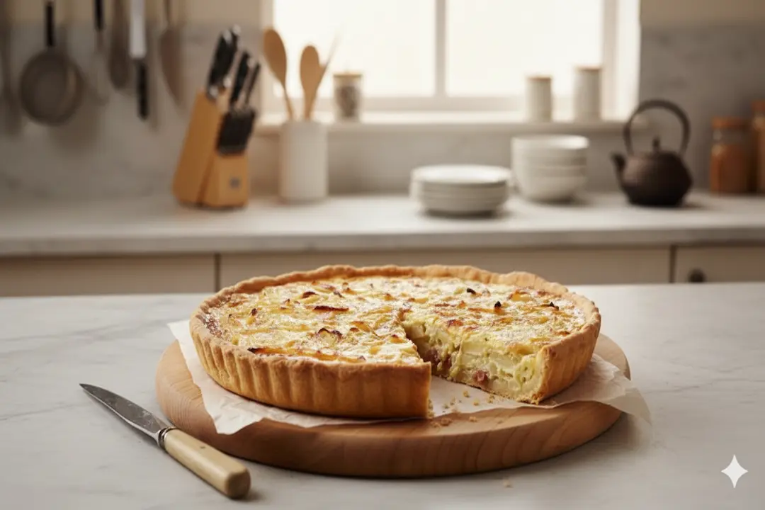 Résultat final de la Tarte à l’Oignon et au Reblochon démoulée, dorée et fondante sur un plat de service.