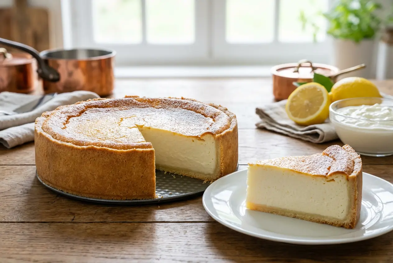 Tarte au fromage blanc alsacienne démoulée et coupée, texture crémeuse visible.