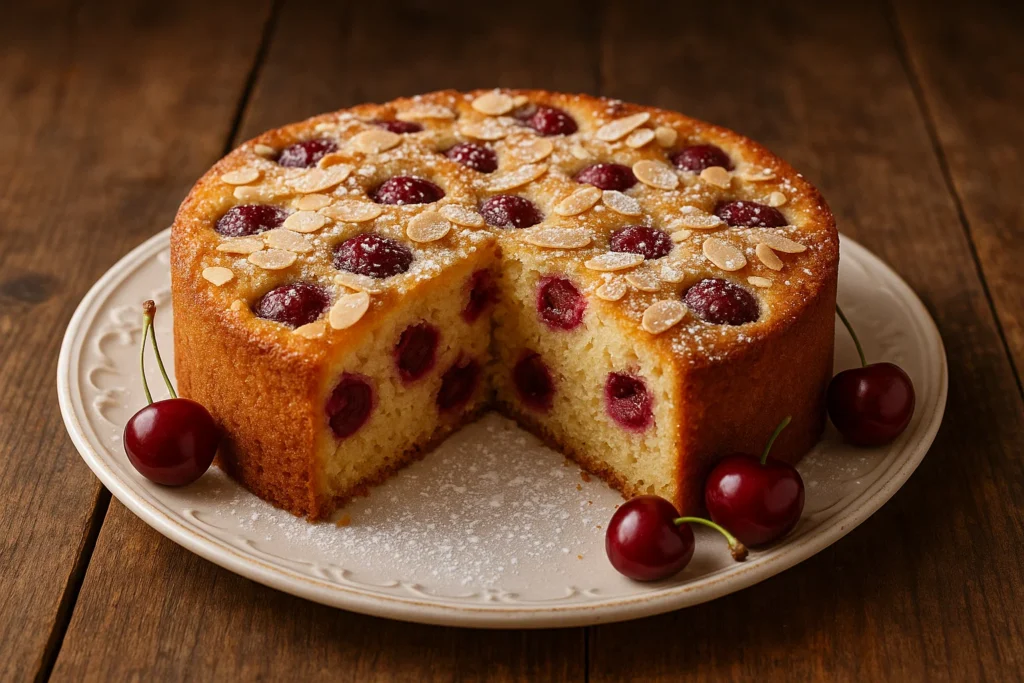 Un gâteau entier "Cake aux Cerises et Amandes", moelleux et doré, posé sur une planche en bois, avec des cerises fraîches et des amandes effilées dispersées autour.