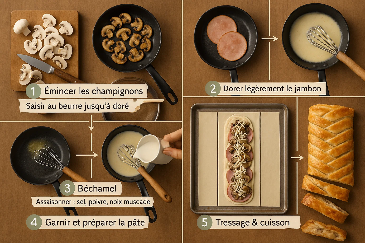 L'art du tressage de la Tresse feuilletée Jambon, Champignons et Fromage Montage d'une tresse feuilletée avec la garniture de jambon, champignons et fromage sur la pâte feuilletée.