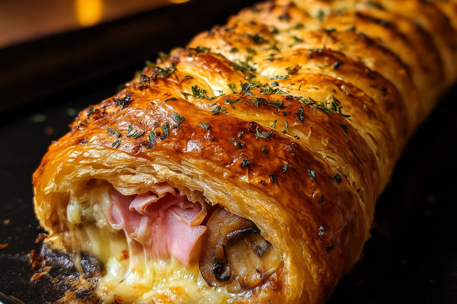 Une magnifique tresse feuilletée Jambon, Champignons et Fromage dorée et croustillante, prête à être dégustée.