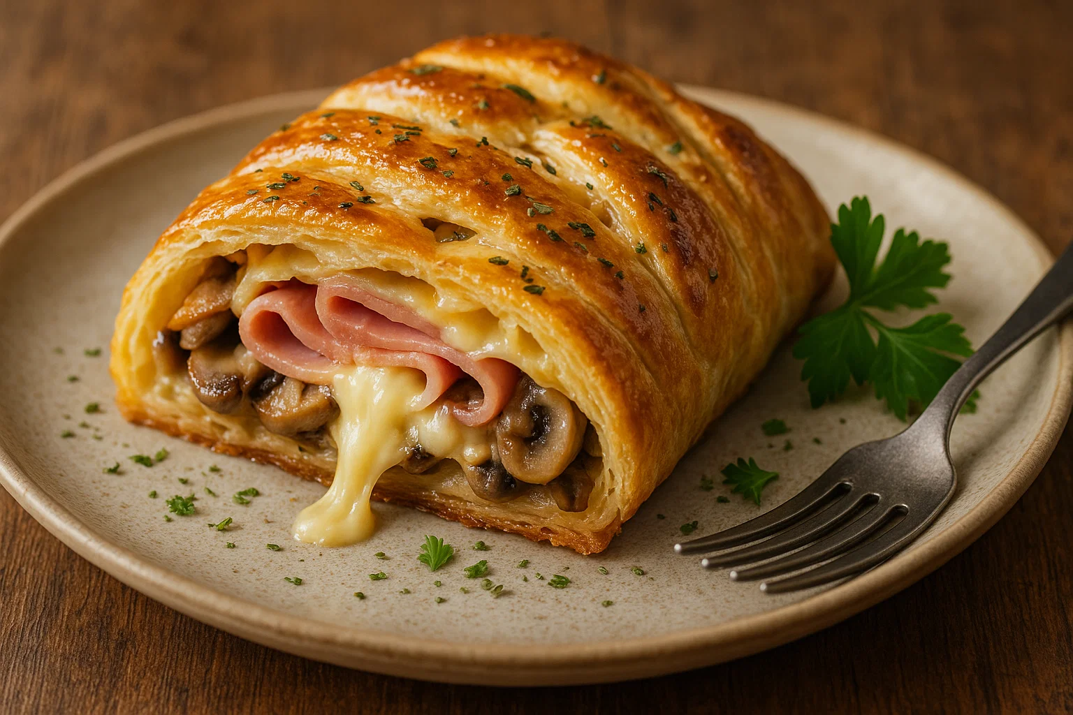 Cœur fondant de la Tresse feuilletée Jambon, Champignons et Fromage Une part de Tresse feuilletée Jambon, Champignons et Fromage coupée, montrant la garniture crémeuse de jambon, champignons et fromage fondu.