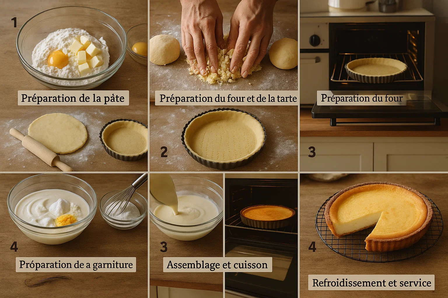 Préparation de la pâte à tarte Gros plan sur des mains qui pétrissent une pâte à tarte. La pâte est sur une surface en bois saupoudrée de farine.