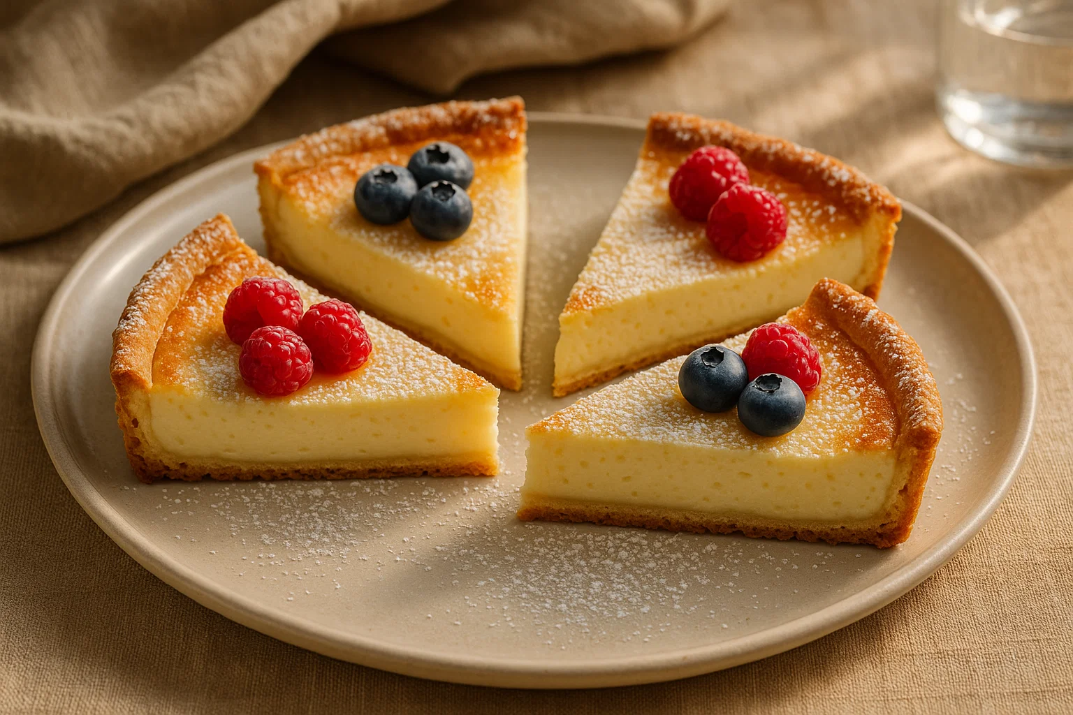 Une part de Tarte au Fromage Blanc, prête à être dégustée Une part de tarte au fromage blanc posée sur une assiette blanche. On peut voir les couches de la pâte et de la garniture crémeuse.