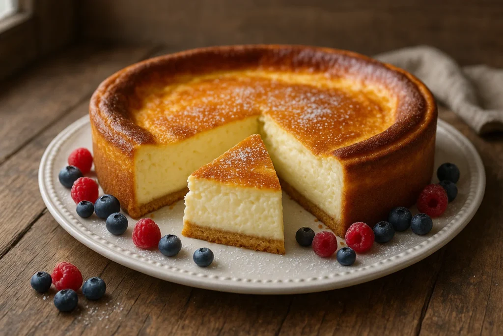 Une tarte au fromage blanc entière, dorée sur le dessus et posée sur une grille de refroidissement.