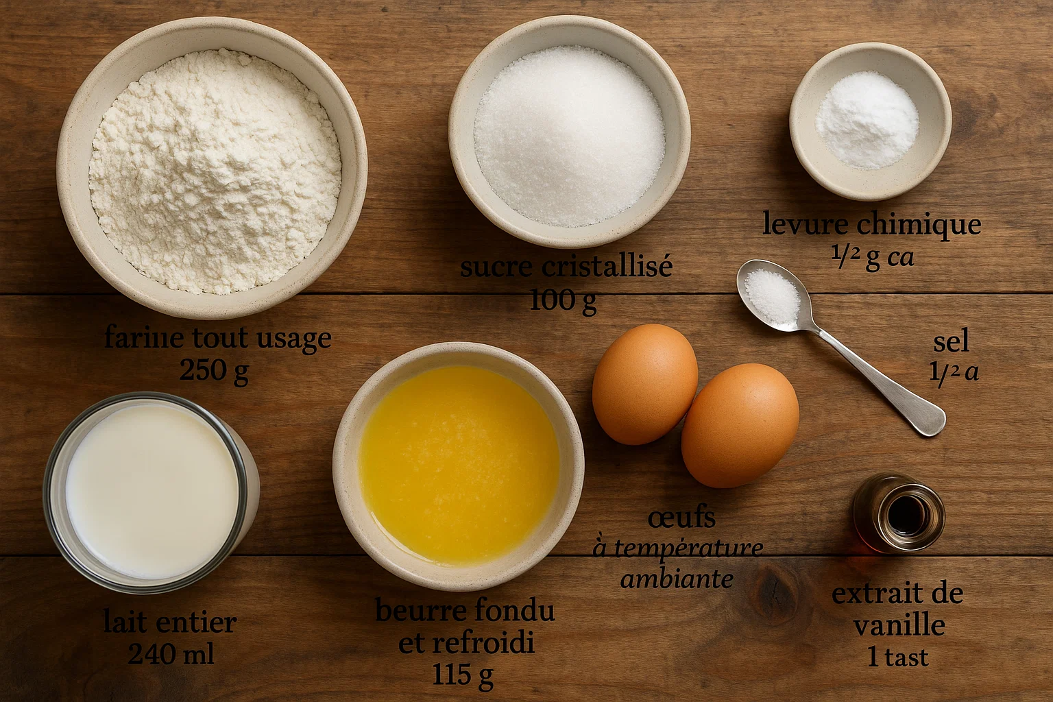 Ingrédients frais pour Gaufres du Nord maison Ingrédients pour Gaufres du Nord : farine, sucre, œufs, lait, beurre, levure chimique et vanille.
