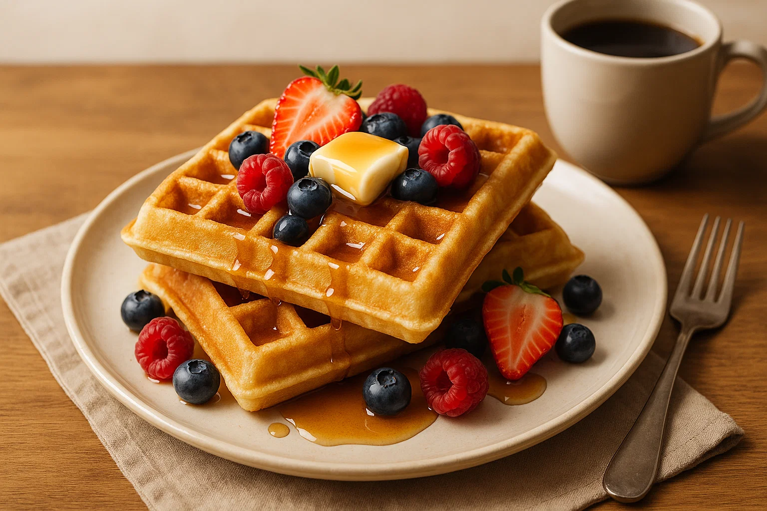 Gaufres du Nord garnies de fraises, de crème fouettée et de chocolat.