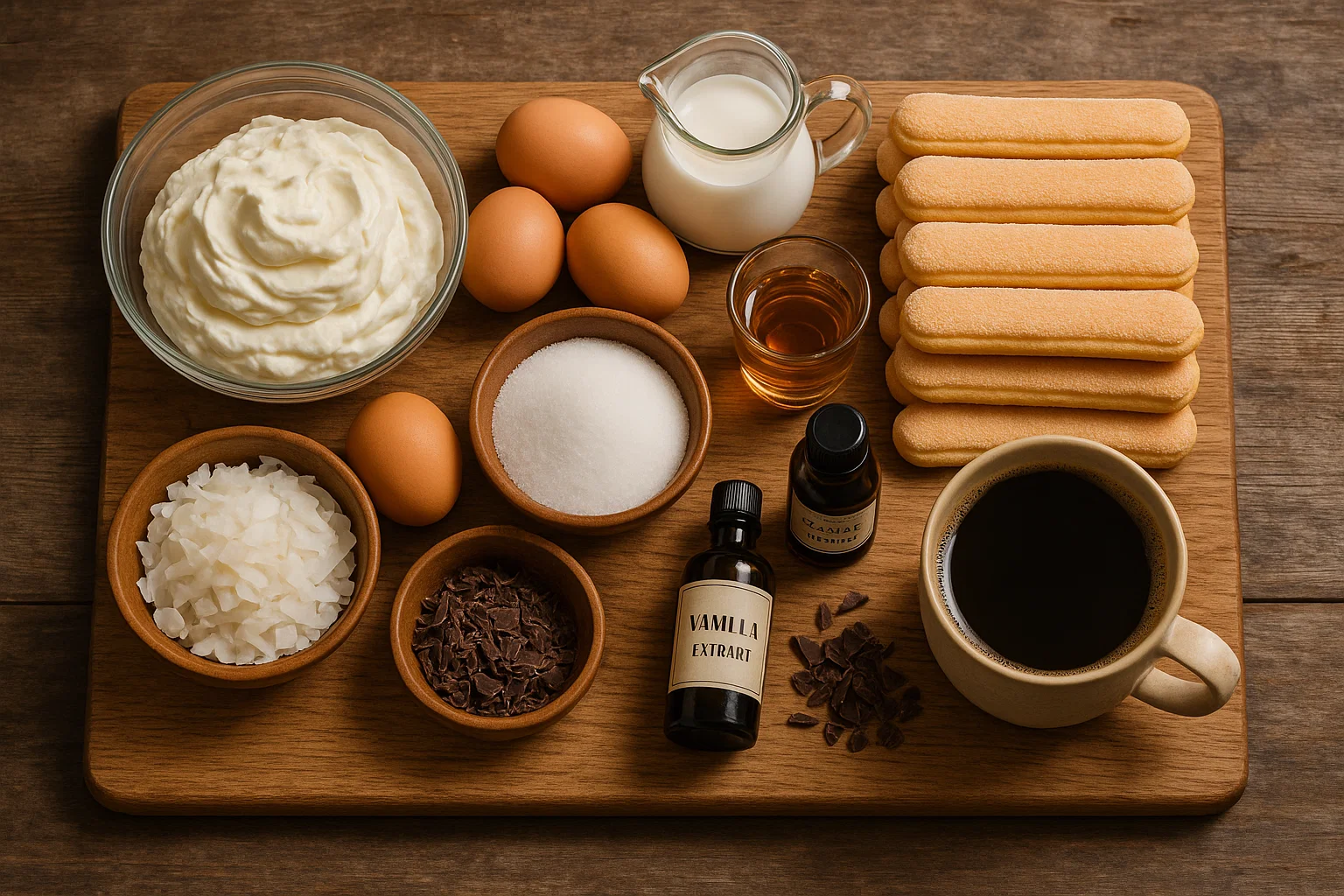 Ingredients-pour-tiramisu-coco-facile Les ingrédients pour le Tiramisu à la Noix de Coco disposés sur un plan de travail : mascarpone, œufs, lait de coco, rhum, et biscuits boudoirs.