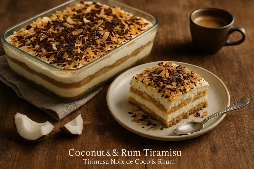 Une part carrée de Tiramisu à la Noix de Coco servie dans une assiette, révélant les couches distinctes de crème et de biscuits.
