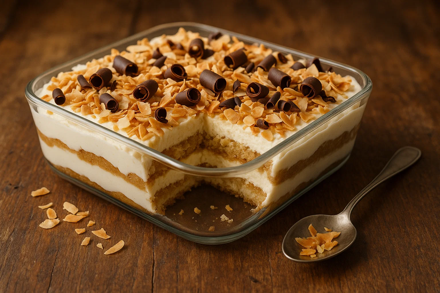 Tiramisu-a-la-noix-de-coco-recette-finale Un grand plat rectangulaire de Tiramisu à la Noix de Coco, généreusement saupoudré de noix de coco torréfiée et prêt à être servi.