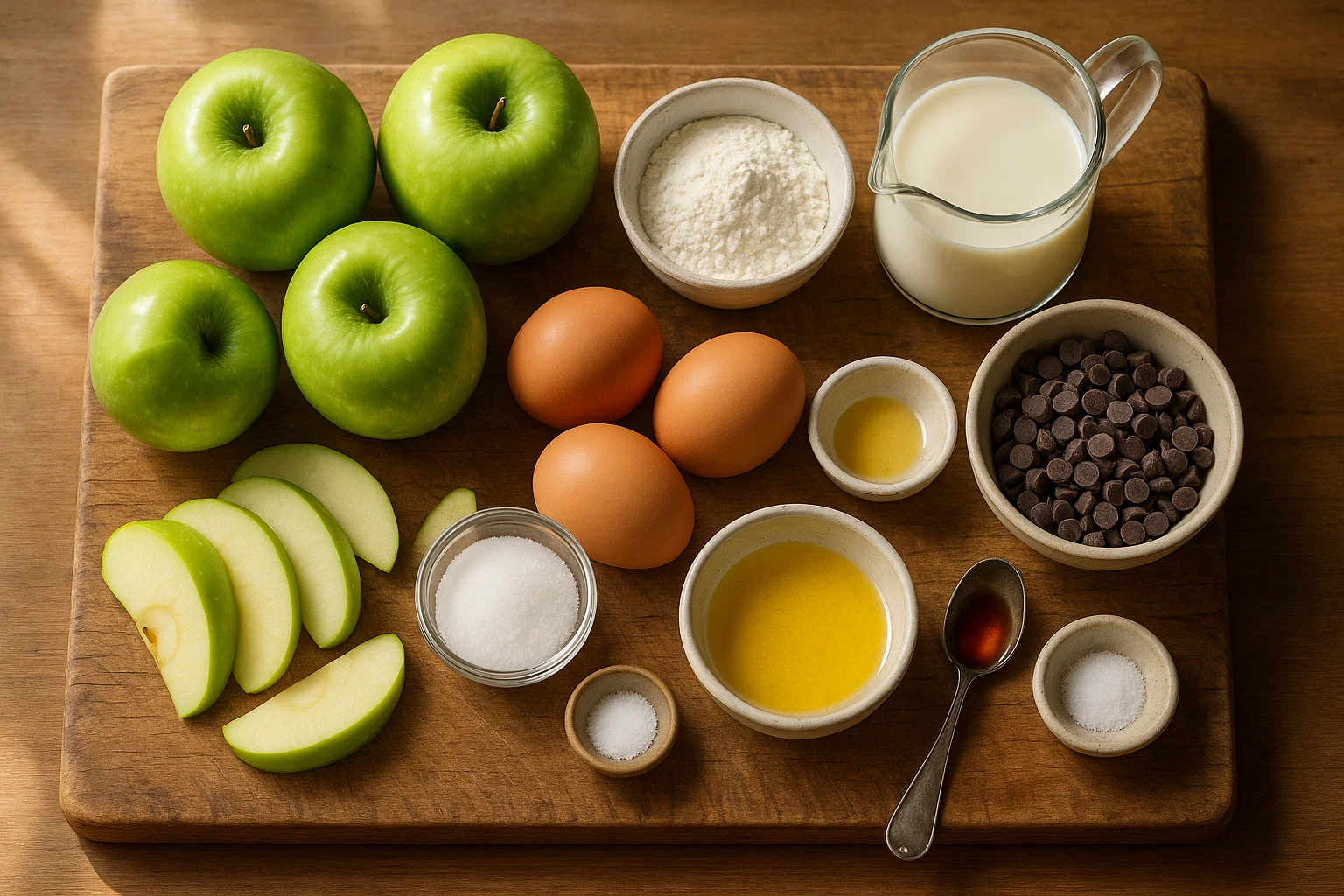 Ingredients-Recette-Clafoutis-Pommes-Chocolat Les ingrédients nécessaires pour la recette du Clafoutis Pommes & Chocolat : pommes fraîches, farine, œufs, et pépites de chocolat noir disposés sur un plan de travail.