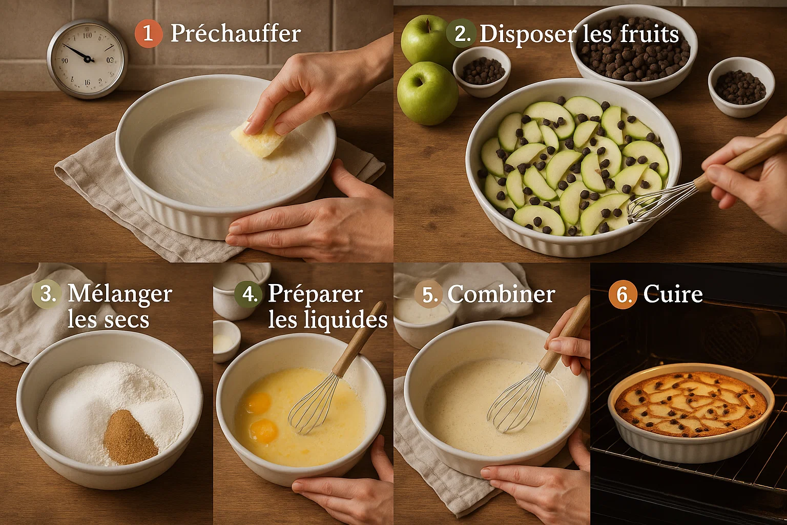 Preparation-Pate-Clafoutis-Pommes-Chocolat Préparation du Clafoutis Pommes & Chocolat : la pâte est versée sur les tranches de pommes et les pépites de chocolat avant la cuisson.