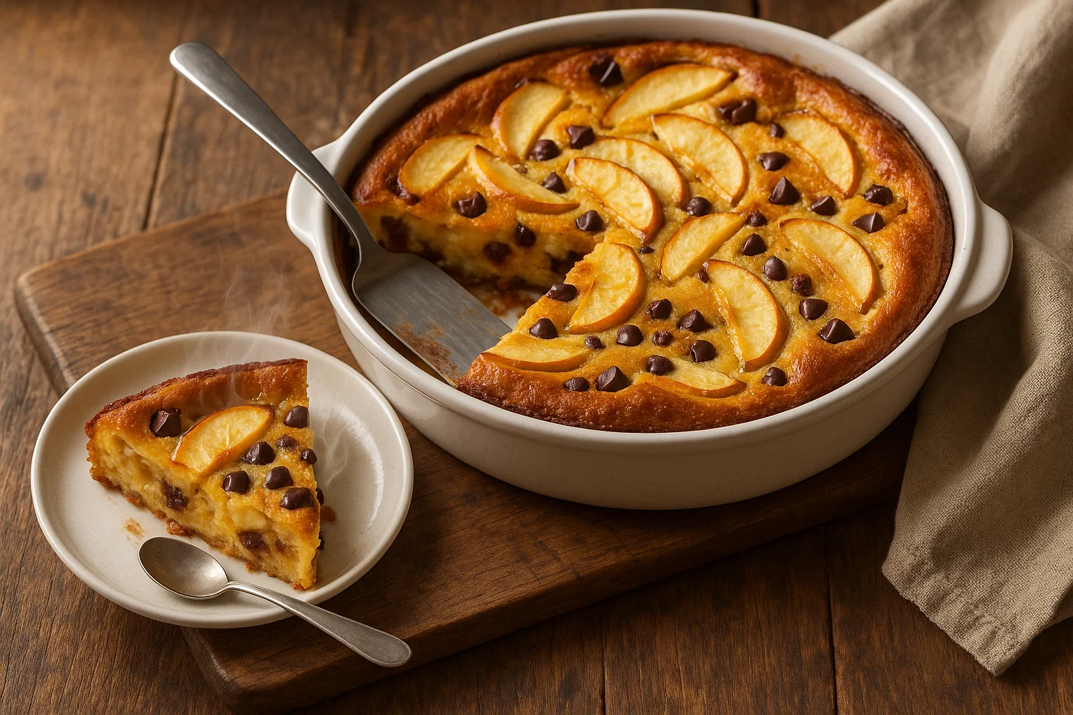 Clafoutis-Pommes-Chocolat-Sortie-du-Four Le Clafoutis Pommes & Chocolat entier, doré et tout juste sorti du four dans son plat de cuisson en céramique.