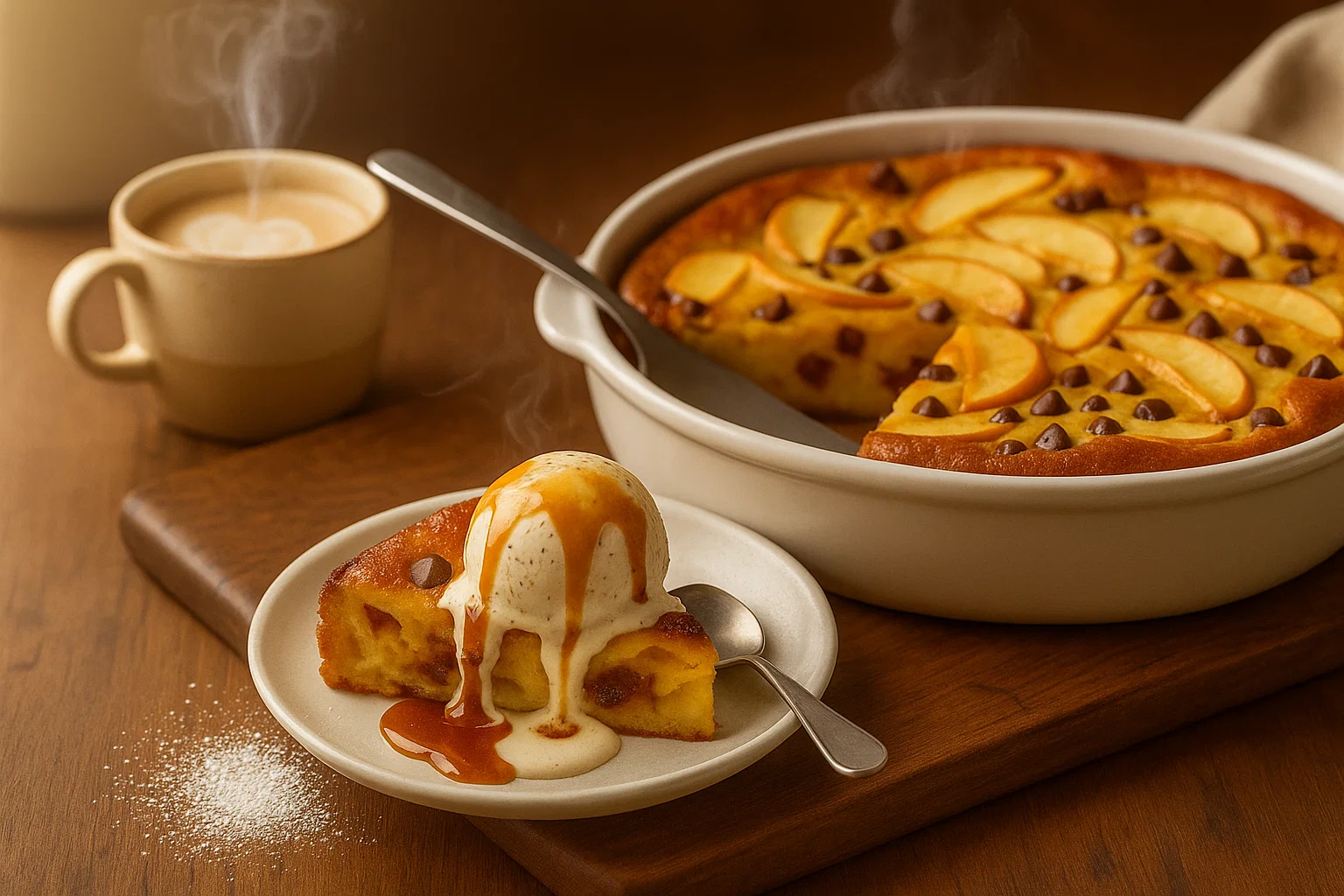 Une part gourmande du Clafoutis Pommes & Chocolat, servie sur une assiette avec du sucre glace et une texture fondante bien visible.