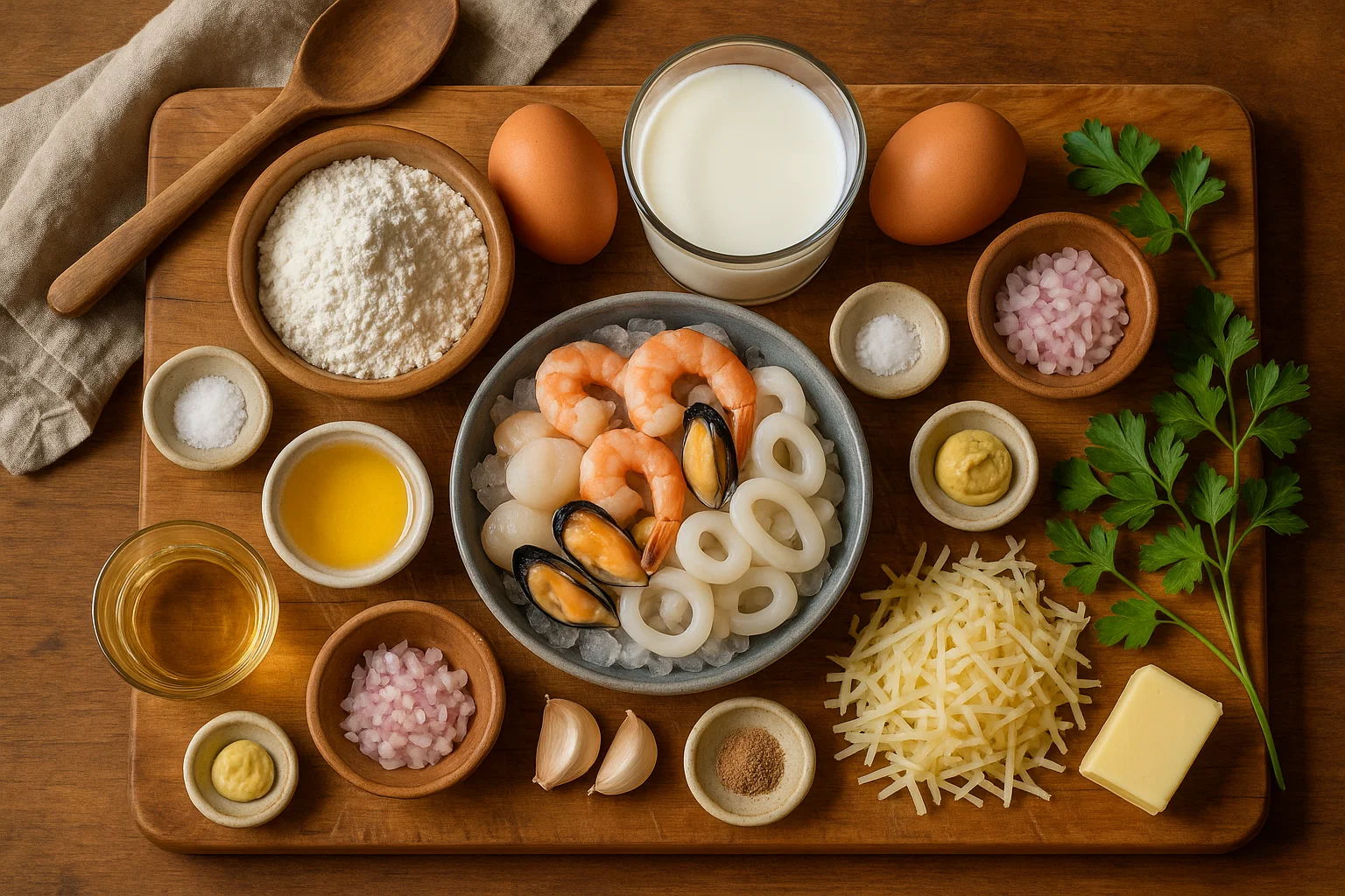 Ensemble des ingrédients clés pour les Crêpes Gratinées aux Crevettes et Fruits de Mer disposés sur une table.