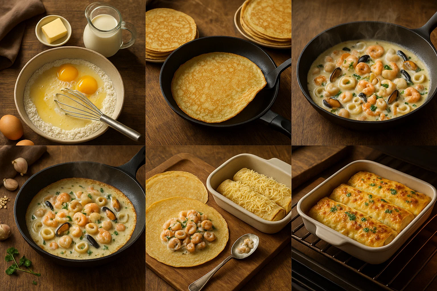 Séquence d'images montrant la préparation des Crêpes Gratinées aux Crevettes et Fruits de Mer : pâte, cuisson crêpe, garniture, assemblage.