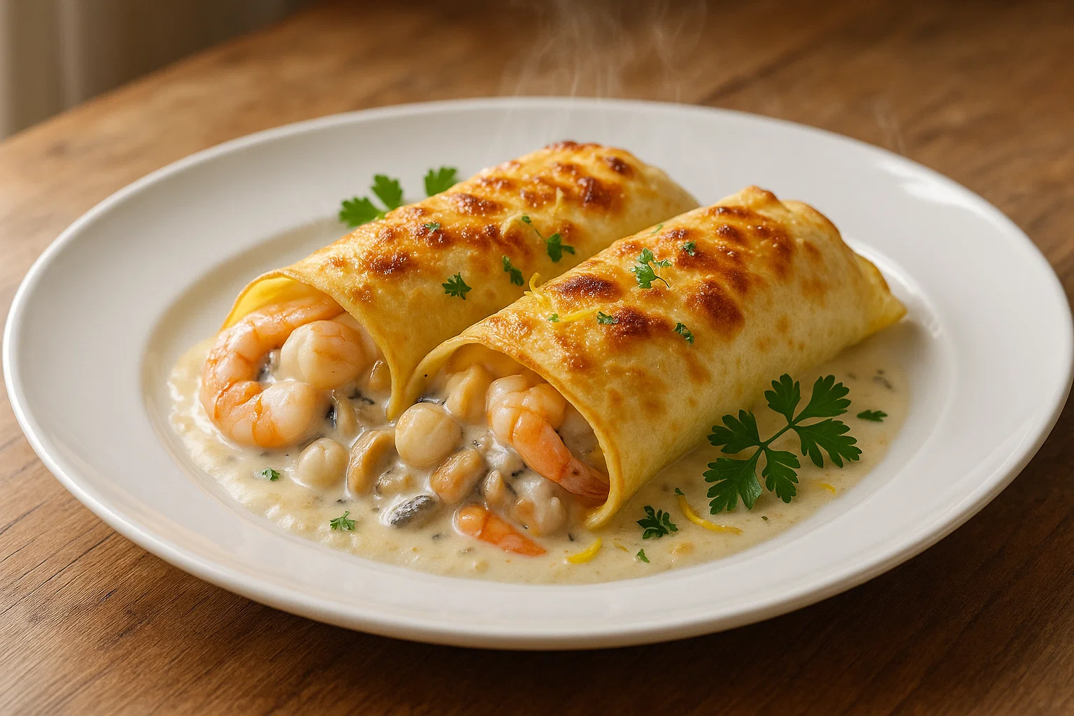 Crêpes Gratinées aux Crevettes et Fruits de Mer dans un plat en céramique, gratiné et fumant avec du persil frais.