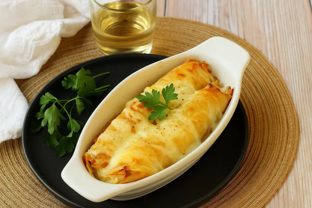 Crêpes Gratinées aux Crevettes et Fruits de Mer dans un plat en céramique, gratiné et fumant avec du persil frais.