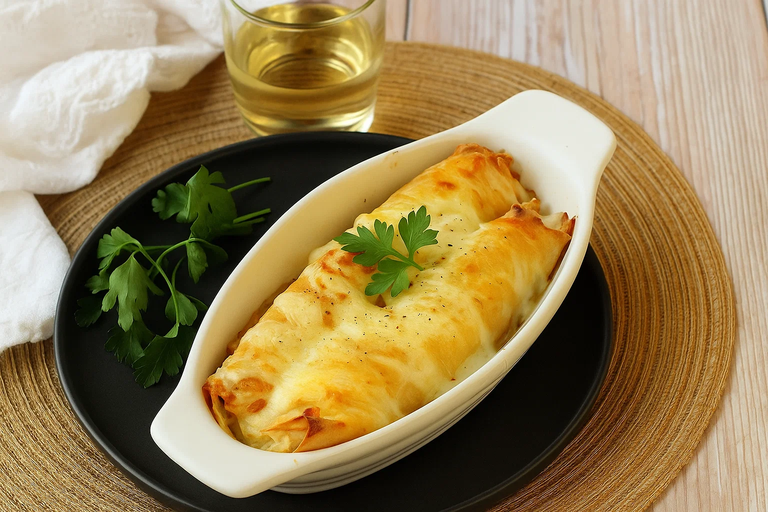 Crêpes Gratinées aux Crevettes et Fruits de Mer dans un plat en céramique, gratiné et fumant avec du persil frais.