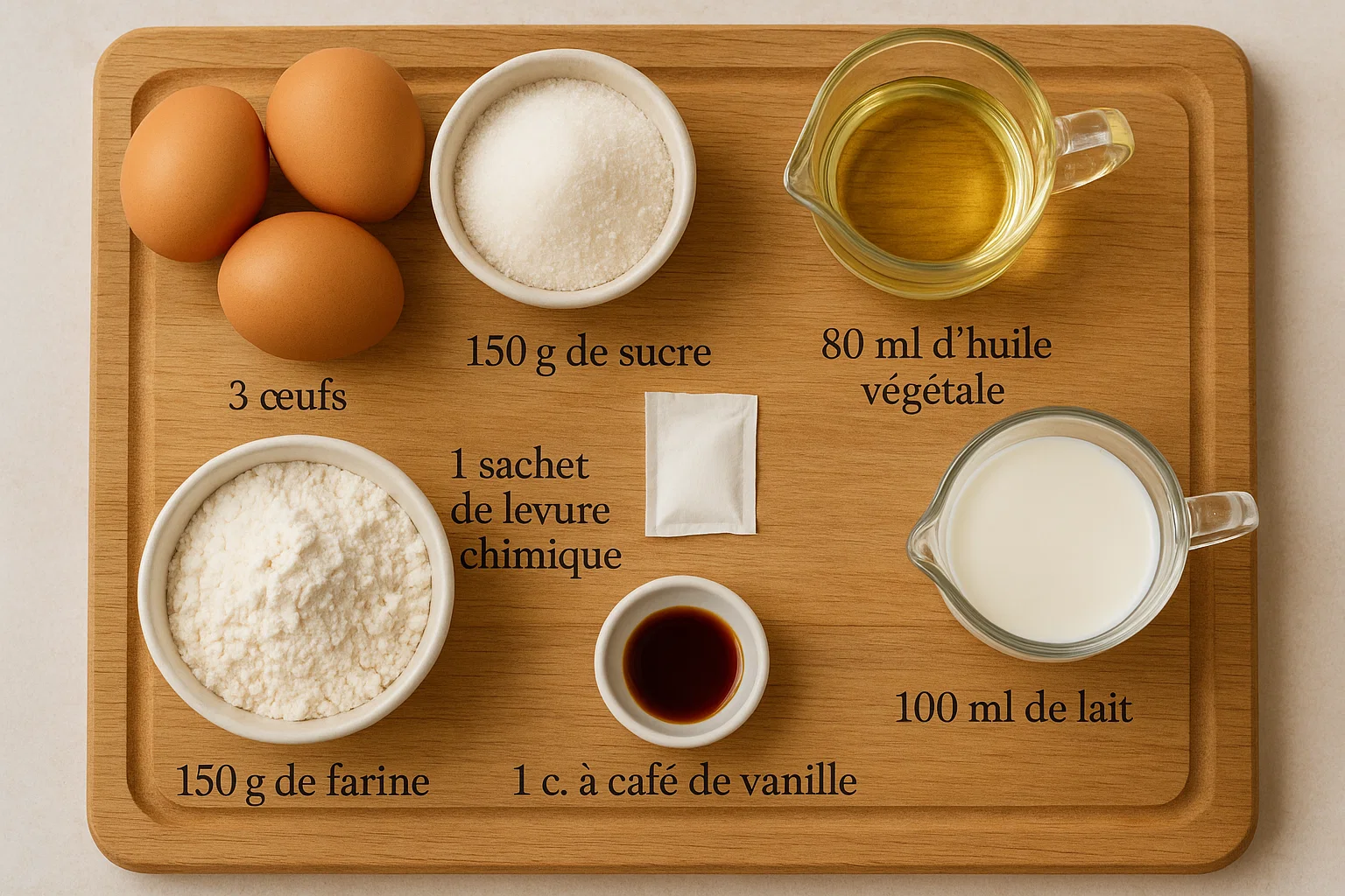 Les ingrédients essentiels pour un gâteau moelleux parfait Un assortiment d'ingrédients de pâtisserie pour un gâteau moelleux, comprenant des œufs, de la farine, du sucre, du lait, de l'huile et un sachet de levure.
