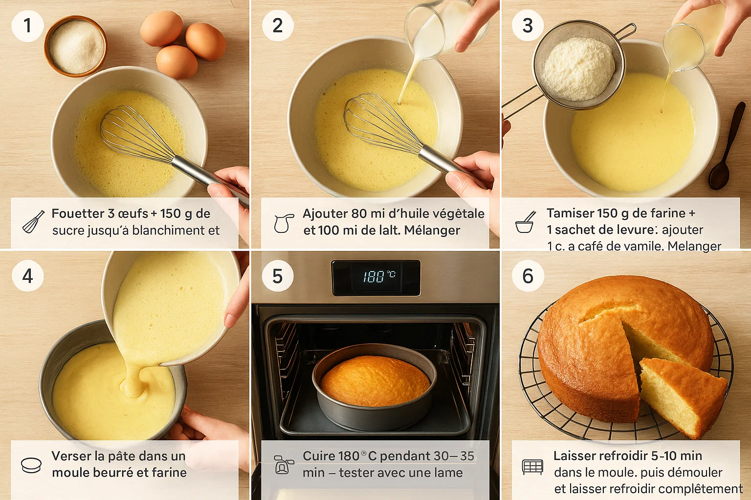 Les 4 étapes essentielles pour un Gâteau Moelleux parfait Une image composite montrant quatre étapes clés de la préparation d'un gâteau moelleux : ingrédients, mélange de la pâte, gâteau cru dans le moule, et gâteau doré après cuisson.