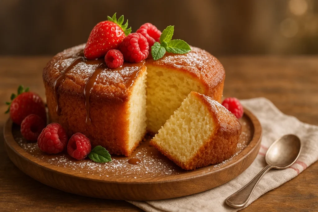 Un gâteau moelleux juste sorti du four, avec une croûte dorée et légèrement craquelée sur le dessus.