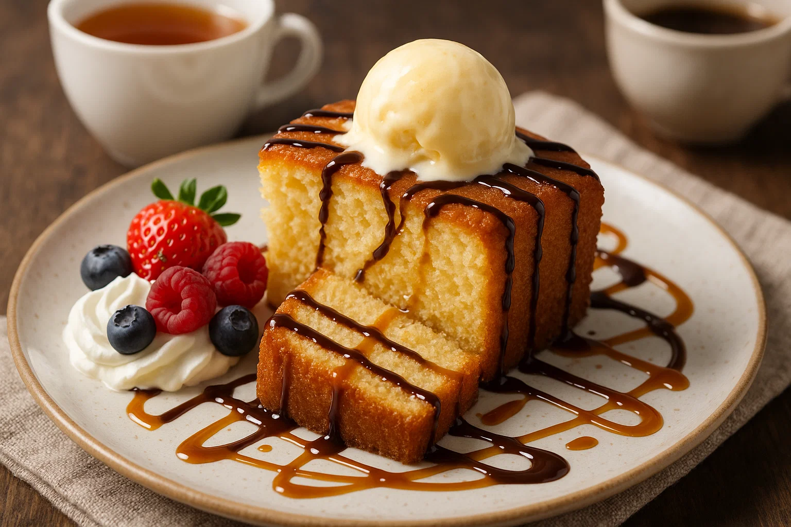 assets_task_01k74qygd1eyqr9bzcpv8eqxxh_1760022300_img_0 Une tranche de gâteau moelleux avec une texture légère et aérée sur une assiette blanche, saupoudrée de sucre glace.