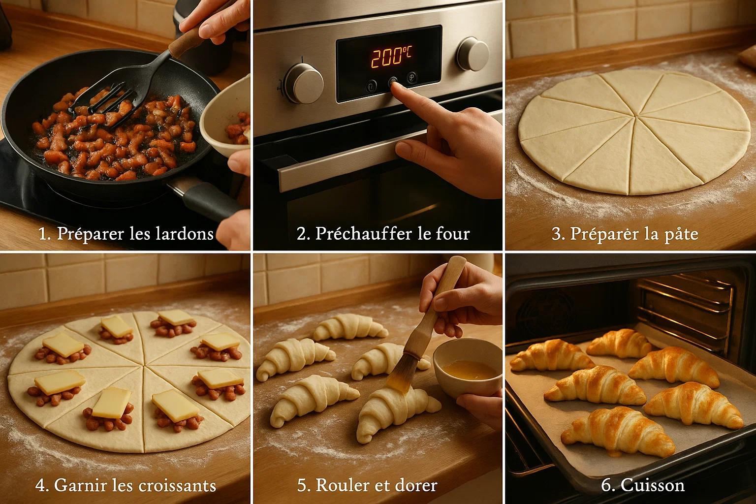 Une série de six mini-images illustrant les étapes de préparation des Croissants Lardons-Raclette : découper la pâte feuilletée, garnir de lardons et de fromage, rouler le croissant, le dorer à l'œuf, et le cuire au four jusqu'à perfection.