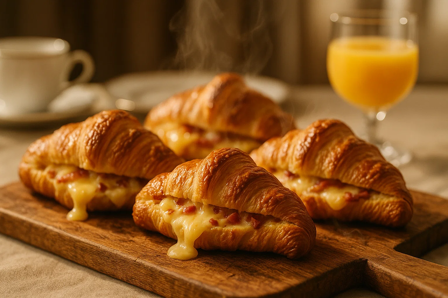 n croissant fraîchement cuit, ouvert pour révéler une garniture généreuse de lardons fumés et de fromage à Raclette fondu, posé sur une planche en bois rustique.