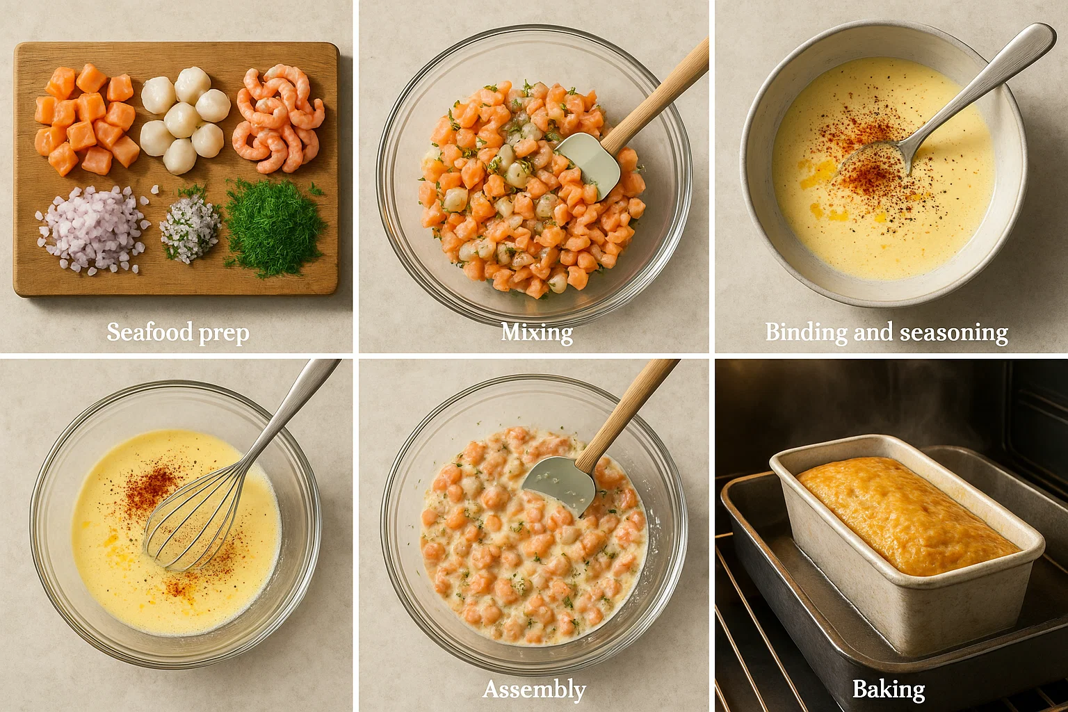 Préparation de la terrine : fruits de mer hachés dans un bol avec une sauce crémeuse.