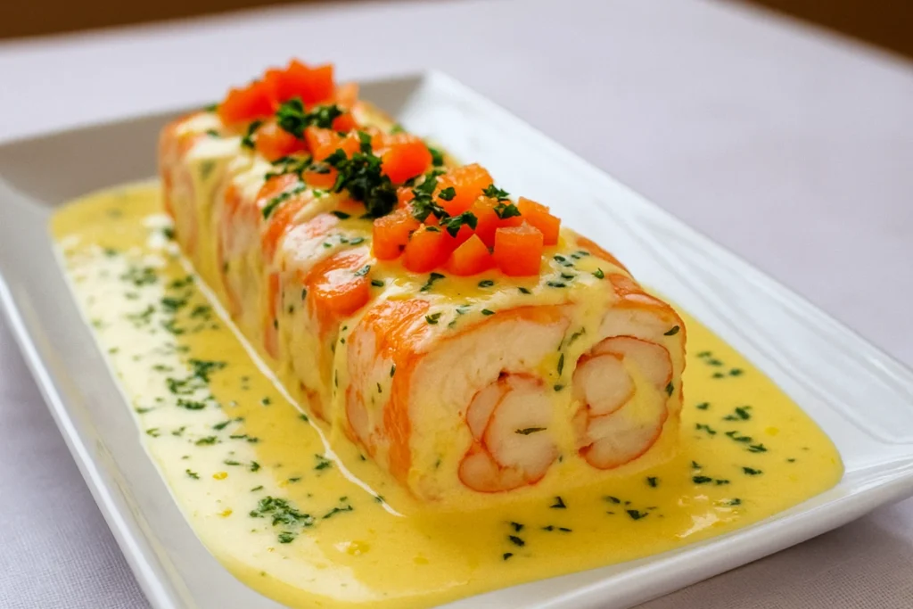 Tranches de terrine de Saint-Jacques refroidie, prêtes à être servies.