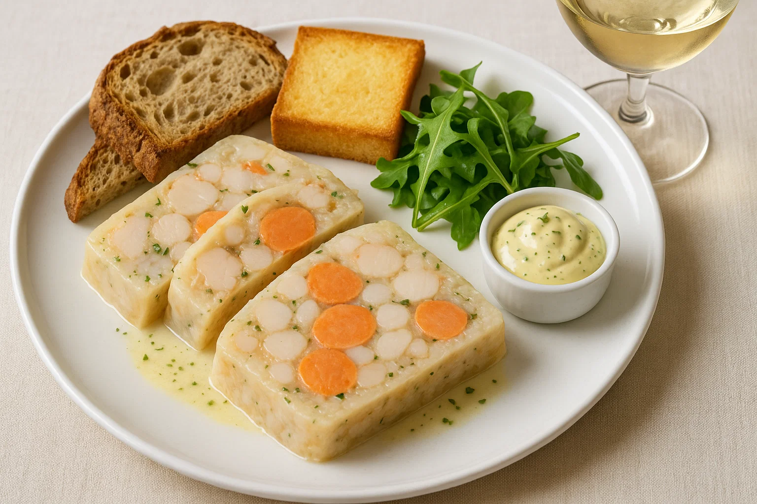 Terrine de Saint-Jacques et saumon sur assiette avec salade.